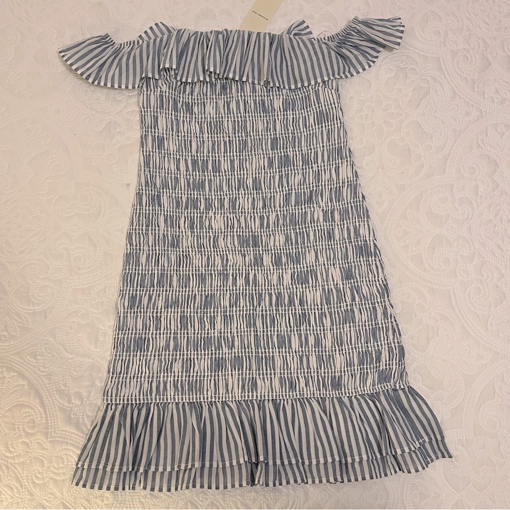 Abercrombie & Fitch Women’s Off-Shoulder Smocked Blue and White Striped Dress